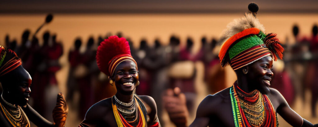 Mujeres con vestimenta y joyería tradicional africanas, sonriendo en un ambiente festivo al aire libre.